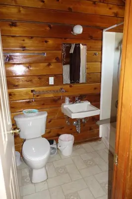a bathroom with a toilet and a sink at Big Meadow Lodge in Bridgeport