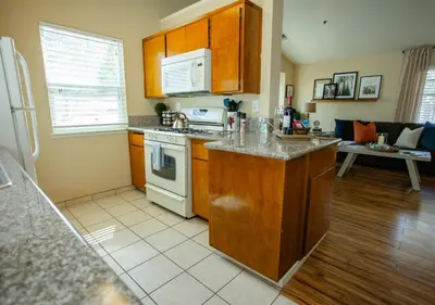 a kitchen with wooden cabinets and a white stove top oven at Beautiful Condo by Park Entrance in Three Rivers