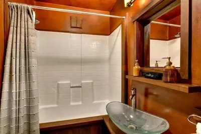 a bathroom with a sink and a shower at New Cabin in North Lake Tahoe! in Kings Beach