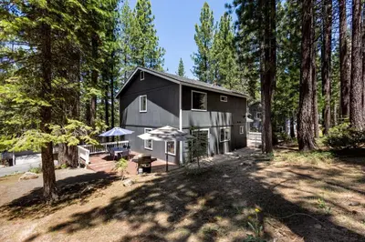 a black house in the woods with trees at Large Seasonal Rental South Lake Tahoe in South Lake Tahoe
