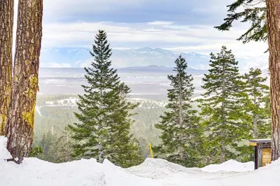 a view from the top of a snowy mountain with trees at Walk to Ski Lift Mtn-View Condo in Mammoth Lakes in Mammoth Lakes