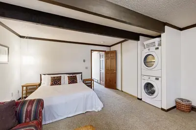 a bedroom with a bed and a washing machine at Tahoe Tranquility in Incline Village