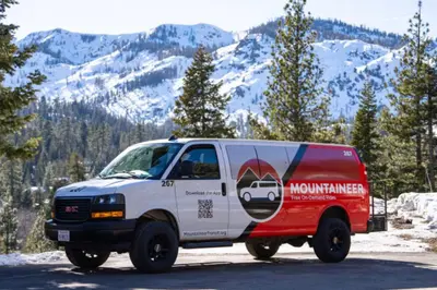a red and white van parked in the snow at 2 Miles to Palisades Ski Resort w Free Shuttle! in Olympic Valley
