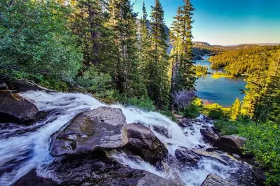 an aerial view of a river in a forest at Chamonix 36 in Mammoth Lakes