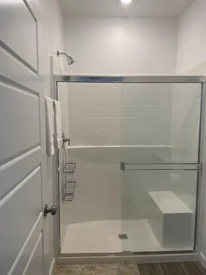 a shower with a glass door in a bathroom at Cozy-Quiet-Spacious Guest Suite in Fresno Clovis California in Fresno