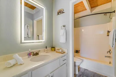 a bathroom with a sink and a toilet and a mirror at 5 Mi to Northstar Skiing Bear Den Home with Decks in Kings Beach