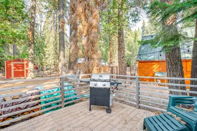 a grill in front of a fence in a forest at 1 Mi to Lake Tahoe Rustic Cabin with Boat Dock in Tahoma
