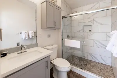 a bathroom with a toilet and a sink and a shower at Beautiful Courtyard Cottage Amethyst in Reno