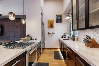a kitchen with a stove and a counter top at Gold Bend Getaway in Truckee