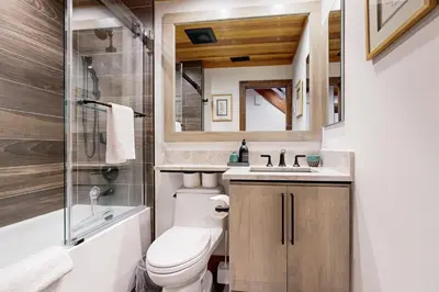 a bathroom with a toilet and a sink and a shower at Gold Bend Getaway in Truckee