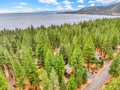 an aerial view of a forest of trees next to the water at Upscale Incline Village Home with Hot Tub & Sauna in Incline Village