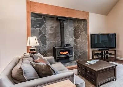 a living room with a couch and a fireplace at Granite Ridge Getaway Chill Deck Vibes AC in Shaver Lake