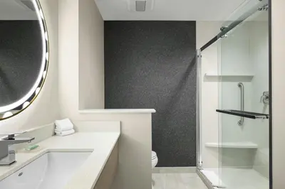 a bathroom with a shower and a sink and a mirror at Fairfield Inn & Suites Livermore in Livermore