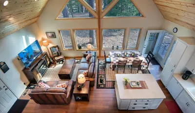 an overhead view of a living room with a vaulted ceiling at 11N Margaret in North Wawona