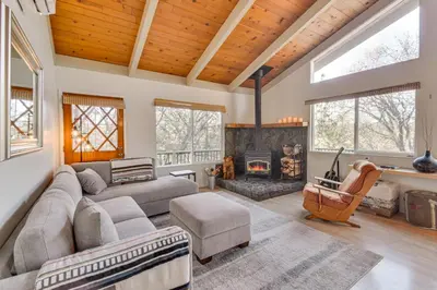 a living room with a couch and a fireplace at Deck and Fire Pit Pine Mountain Lake Getaway! in Groveland