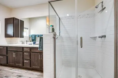 a bathroom with a shower and a sink at On-Site Winery Rural Plymouth Getaway! in Plymouth