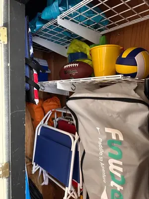 a locker room with a ball and a volleyball at Lake Tahoe Incline Beach Ski Pool Pets Casino in Incline Village