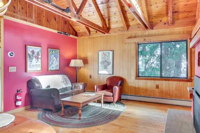 a living room with a couch and a table at Less Than 2 Blocks to Lake Tahoe Family Home Near Skiing in Homewood