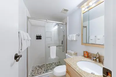 a bathroom with a shower and a sink and a toilet at The Pines Chalet in Incline Village
