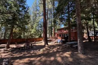 a cabin in the woods with benches and trees at Spacious Tahoe Hot Tub and Beach in Kings Beach