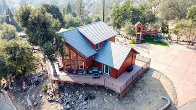 an overhead view of a house with a playground at Waterfall Lodge near Yosemite Endless Pool, Hot Tub, Playground in Oakhurst
