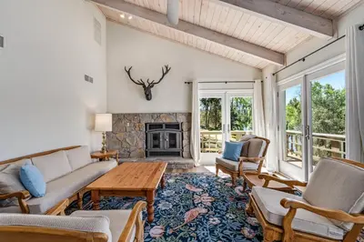 a living room with a couch and a fireplace at Lakefront Villa with 180 degree view private dock and boats in Groveland