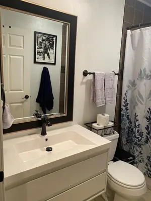 a bathroom with a sink and a toilet and a mirror at English Rose Garden Cottage near Roseville, CA in Citrus Heights