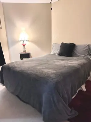 a bedroom with a large bed with a lamp on a table at serenity in Fresno