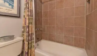 a bathroom with a tub and a shower curtain at Ski Den - Steps to Mammoth Village! in Mammoth Lakes