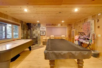 a large room with a ping pong table in it at 5 Mi to Dodge Ridge Cabin in Strawberry in Strawberry