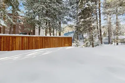a yard covered in snow with a fence and trees at Elati Escape in South Lake Tahoe
