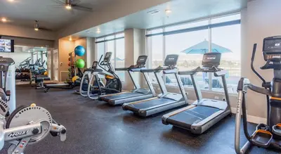 a gym with treadmills and cardio equipment in a building at Amazing Water View with Jacuzzi & Sky Lounge in Sparks