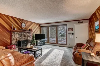 a living room with a couch and a fireplace at 2574C Bear Creek Cabin in South Lake Tahoe