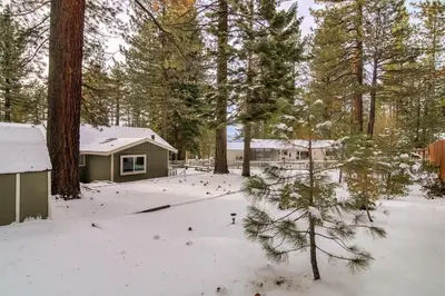 a house in the woods with snow on the ground at 2574C Bear Creek Cabin in South Lake Tahoe