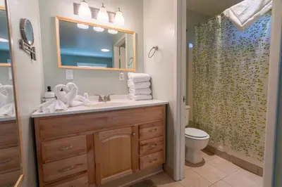 a bathroom with a sink and a toilet and a shower at RR-Birch_Creek 2 in June Lake