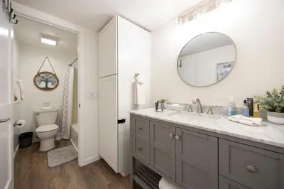 a bathroom with a sink and a mirror at Stunning Deluxe King Studio #124 at Donner Lake Village in Truckee