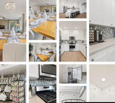 a collage of photos of a kitchen with white cabinets at Casita Tulare in Tulare