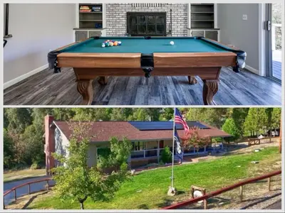 a pool table in the backyard of a house at Mariposa home, Yosemite retreat, deer watching, family friendly in Mariposa
