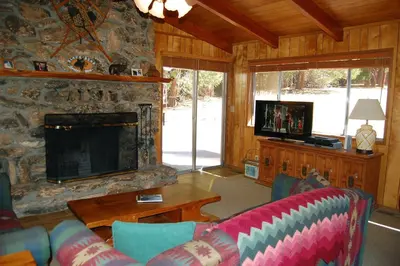 a living room with a couch and a fireplace at 68 Wawona Dome View in North Wawona