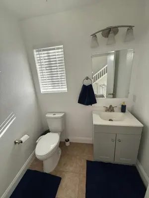 a bathroom with a toilet and a sink and a mirror at Luxury Escape in Stockton