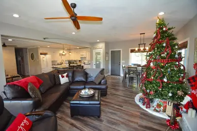 a living room with a christmas tree in it at Ledge House-Lake Area Free Night Special in Bass Lake