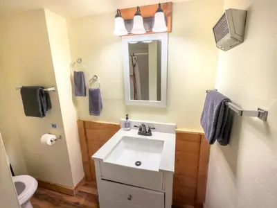 a bathroom with a white sink and a toilet at Inside Yosemite Park-Cozy Corner Unit-Sleeps 2 in Yosemite West
