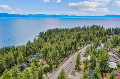 an aerial view of a road next to a lake at First level studio suite close to everything bike, ski, swim Zephyr Cove! in Zephyr Cove