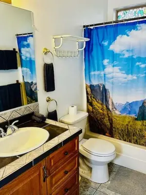 a bathroom with a toilet and a sink and a shower curtain at Yosemite Woods Duplex in Yosemite-Upper Unit in Yosemite West