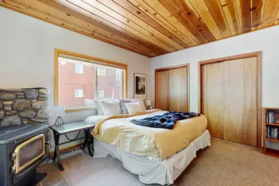 a bedroom with a bed and a tv in it at Evergreen Escape in Truckee