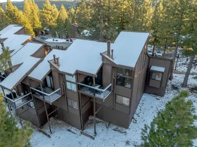 an aerial view of a house in the snow at Cozy Mountain Retreat in Truckee Near Northstar in Truckee