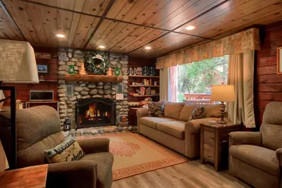 a living room with a couch and a fireplace at Chipmunks Holiday in Wawona