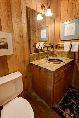 a bathroom with a sink and a toilet and a mirror at Tyler's Timber Lodge in Wawona