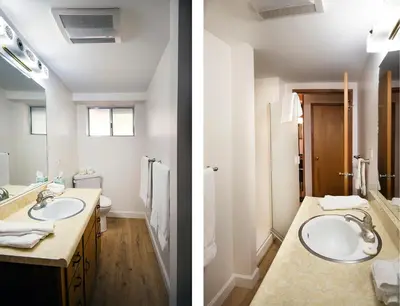 two pictures of a bathroom with a sink at Yosemite Retreat in the Meadows in Wawona