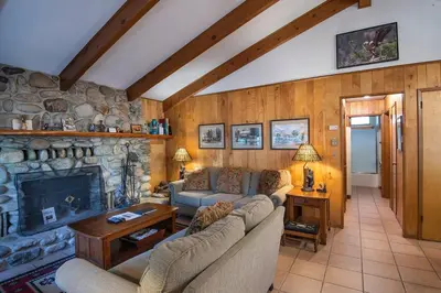 a living room with a couch and a fireplace at Yosemite Retreat in the Meadows in Wawona